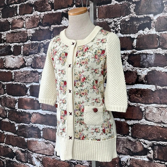 Anthropologie HWR Monogram Jacket Women's XS Extra Small Cream Floral Denim Knit - Picture 6 of 15